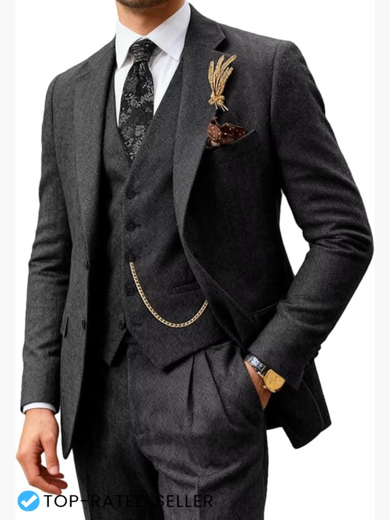 Retro Tweed Herringbone 3 Piece Suit Set Slim Fit Classic Wedding Grooms Prom
